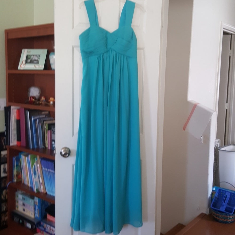 Formal teal dress.